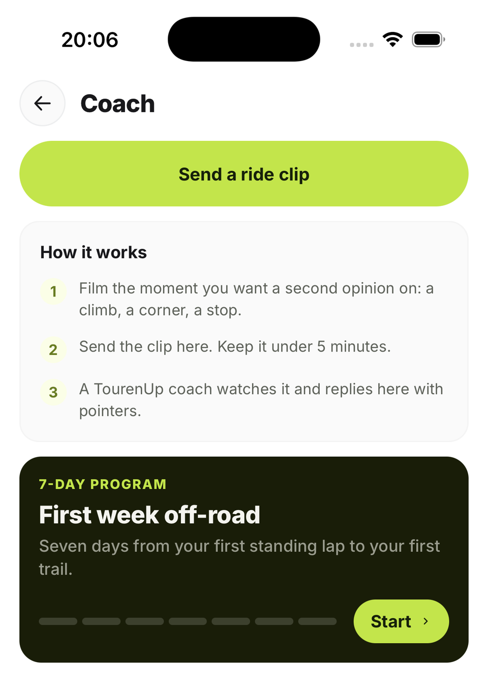 Coach screen in the TourenUp app
