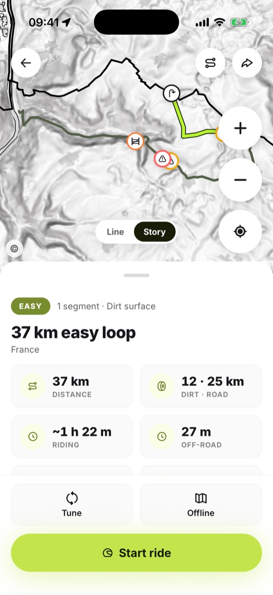 A 37 km easy loop in France in the app: the map with report pins, then distance, dirt and road split, riding time and off-road share.