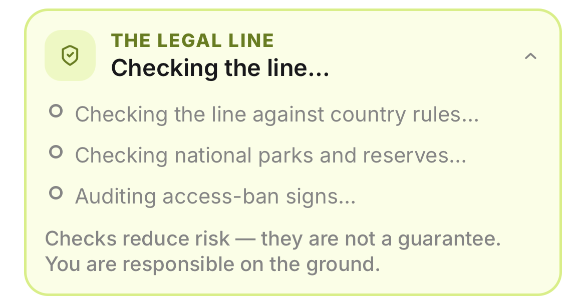 The legal line check on a trip: country rules, national parks and reserves, access-ban signs